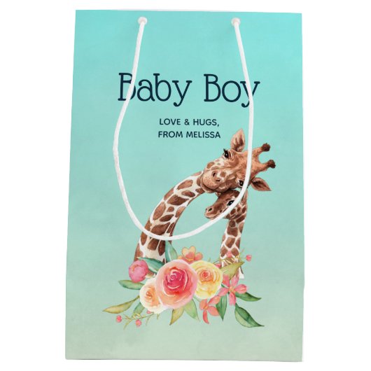 かわいいキリンの水の色ママ&男の赤ちゃん ミディアムペーパーバッグ (裏面)