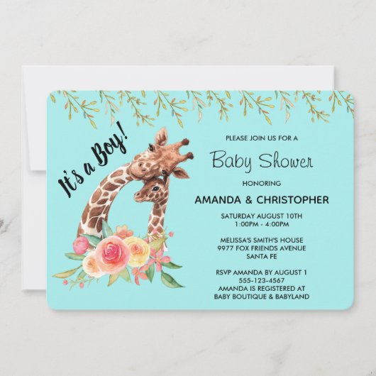 かわいいキリンの水彩少年だ!赤ちゃんシャワー 招待状 (正面)
