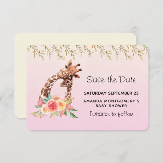 かわいいキリンの水彩母と赤ちゃんシャワー セーブザデート (正面/裏面)