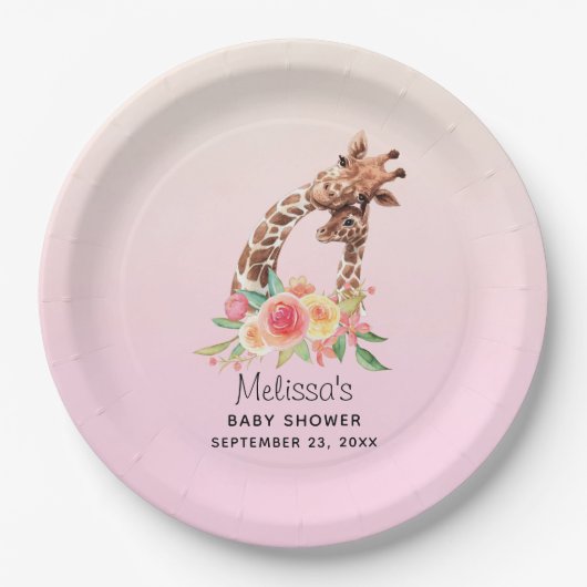 かわいいキリンの水彩母と赤ちゃんシャワー ペーパープレート (正面)