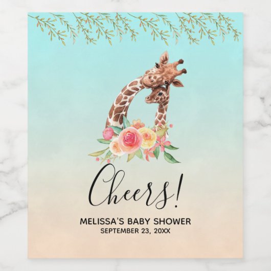 かわいいキリンの水彩母と赤ちゃんシャワー ワインラベル (シングルラベル)