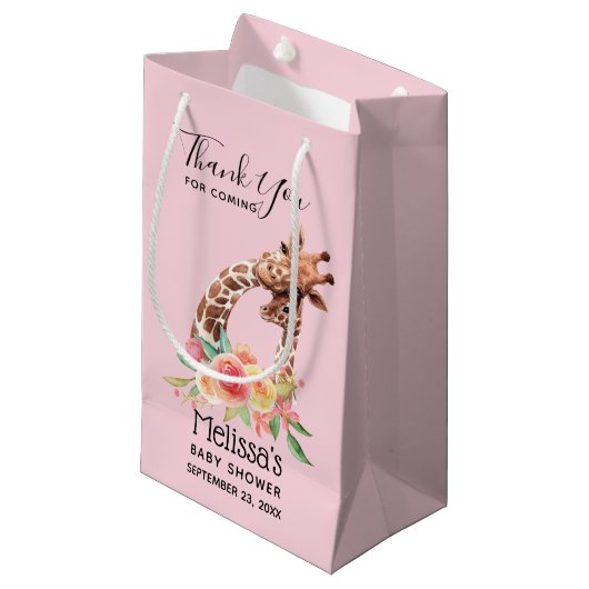 かわいいキリンの水色ママ&ベビーありがとう スモールペーパーバッグ (正面アングル)