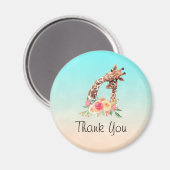 かわいいキリンの水色ママ&ベビーありがとう マグネット (正面/裏面)