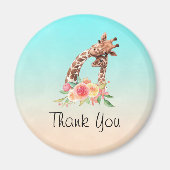 かわいいキリンの水色ママ&ベビーありがとう マグネット (正面)