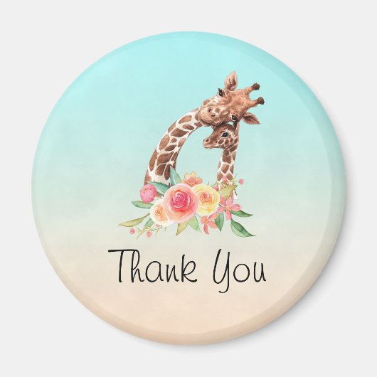 かわいいキリンの水色ママ&ベビーありがとう マグネット (正面)