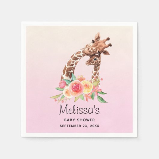 かわいいキリンの水色ママ&ベビーベビーシャワー スタンダードカクテルナプキン (正面)
