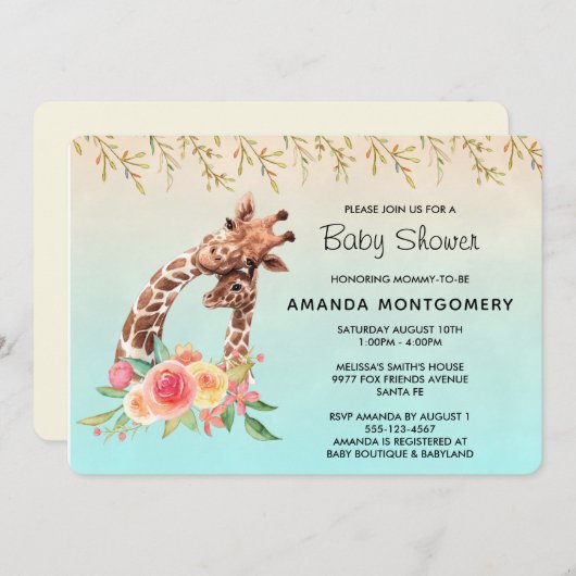 かわいいキリンの水色ママ&ベビーベビーシャワー 招待状 (正面/裏面)