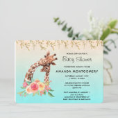 かわいいキリンの水色ママ&ベビーベビーシャワー 招待状 (スタンド正面)