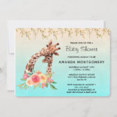 かわいいキリンの水色ママ&ベビーベビーシャワー 招待状 (正面)