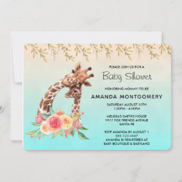 かわいいキリンの水色ママ&ベビーベビーシャワー 招待状