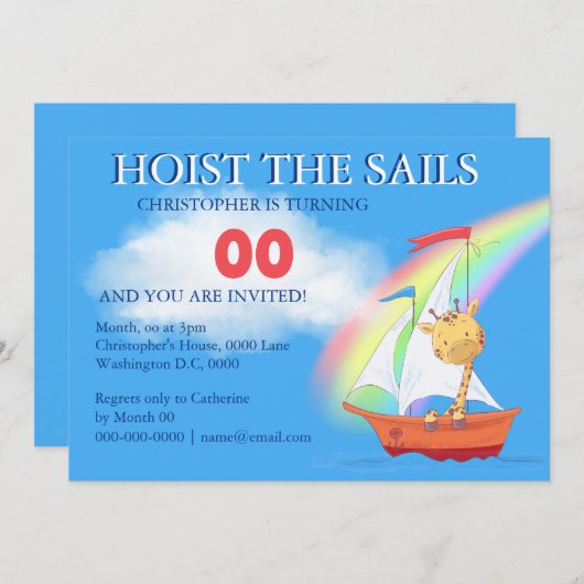 かわいいキリンの漫画セーリングボートの虹のパーティー 招待状 (正面/裏面)