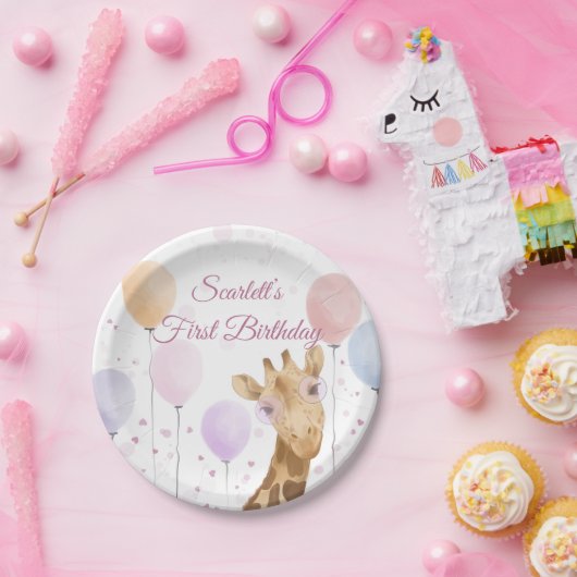 かわいいキリンカラフルバルーンガール1誕生日 ペーパープレート (パーティー)