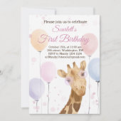 かわいいキリンカラフルバルーンガール1誕生日 招待状 (正面)