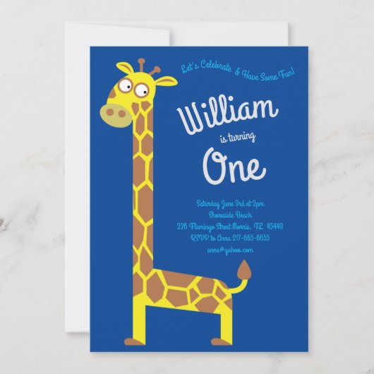 かわいいキリンキッズ1歳の誕生日パーティの招待状 招待状 (正面)