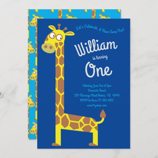 かわいいキリンキッズ1歳の誕生日パーティの招待状 招待状 (正面/裏面)