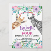 かわいいキリンシマウマジャングル動物誕生日花 招待状 (正面)
