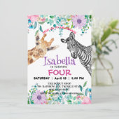 かわいいキリンシマウマジャングル動物誕生日花 招待状 (スタンド正面)