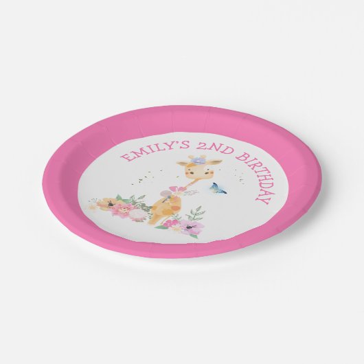 かわいいキリンピンク花模様女子2nd誕生日パーティー ペーパープレート (アングル)