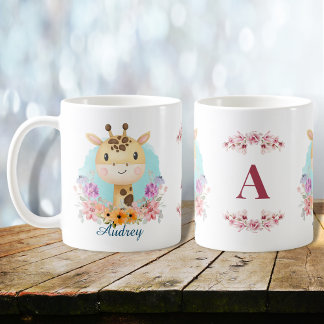 かわいいキリンフローラテーマのモノグラムパーソナライズされた コーヒーマグカップ