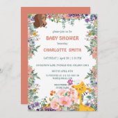 かわいいキリンフローラ花水色ベビーシャワー 招待状 (正面/裏面)