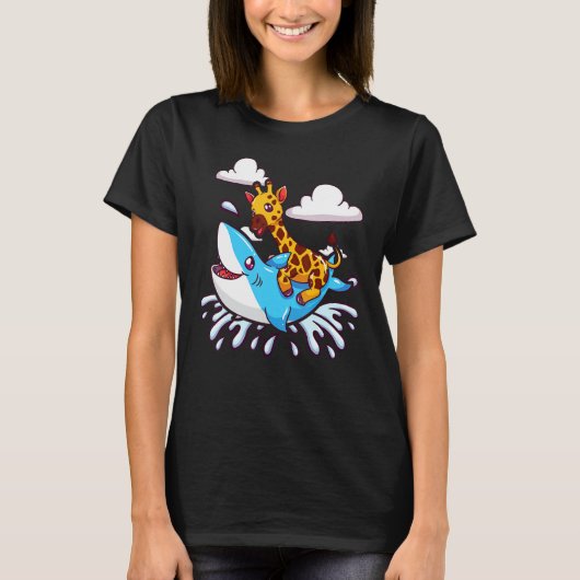 かわいいキリン乗りサメおもしろい動物愛好家グラフ Tシャツ (正面)