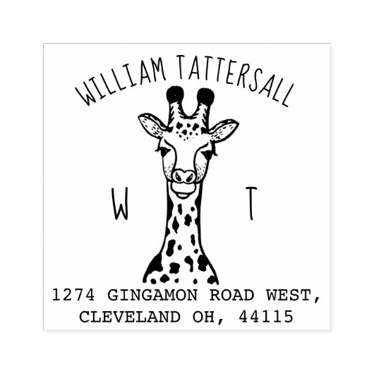 かわいいキリン動物モノグラム&ネーム差出人住所 ラバースタンプ (インプリント)