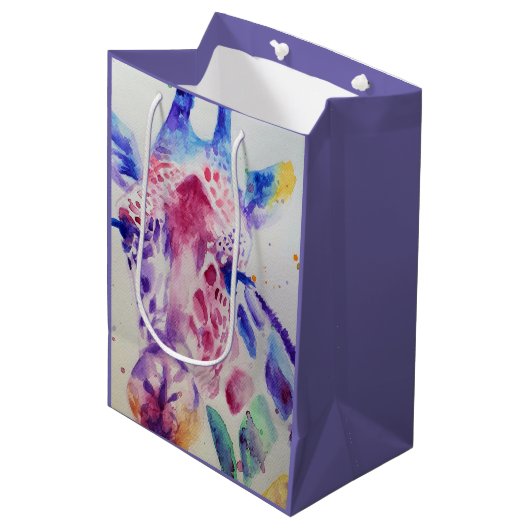 かわいいキリン動物園の動物のパターン水色 ミディアムペーパーバッグ (正面アングル)