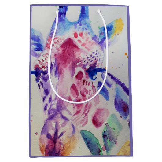 かわいいキリン動物園の動物のパターン水色 ミディアムペーパーバッグ (正面)