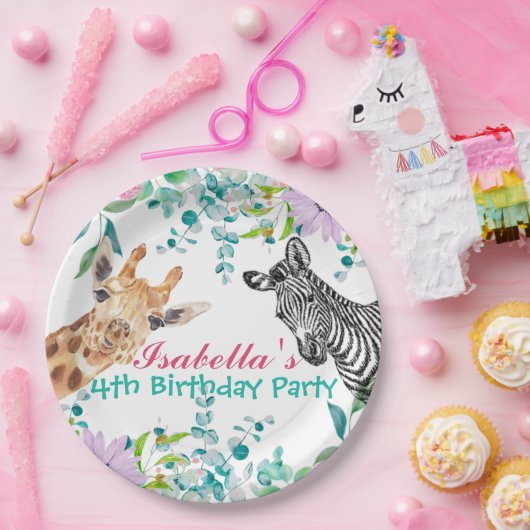かわいいキリン動物園の動物ジャングルフローラ誕生日 ペーパープレート (パーティー)