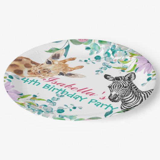 かわいいキリン動物園の動物ジャングルフローラ誕生日 ペーパープレート (アングル)
