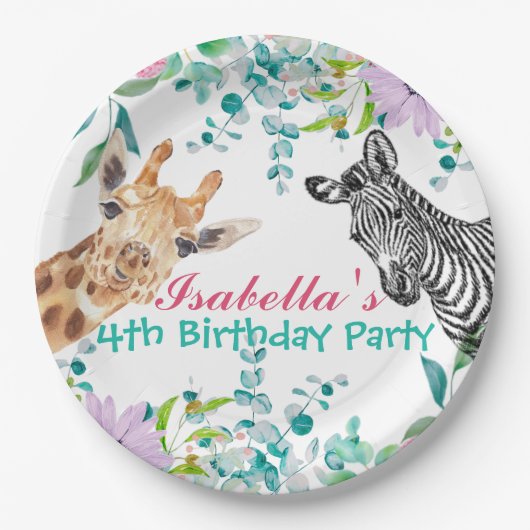 かわいいキリン動物園の動物ジャングルフローラ誕生日 ペーパープレート (正面)
