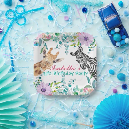 かわいいキリン動物園の動物ジャングルフローラ誕生日 ペーパープレート (パーティー)