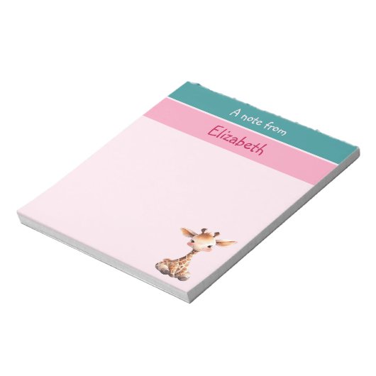 かわいいキリン名前をカスタムするピンクの子供 ノートパッド (回転)
