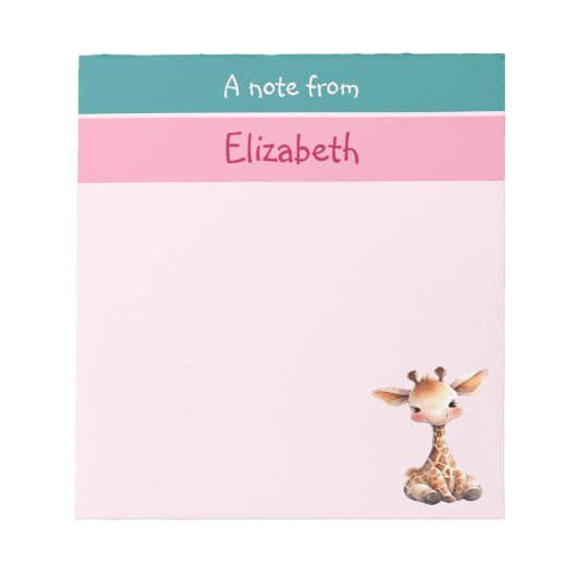 かわいいキリン名前をカスタムするピンクの子供 ノートパッド (正面)