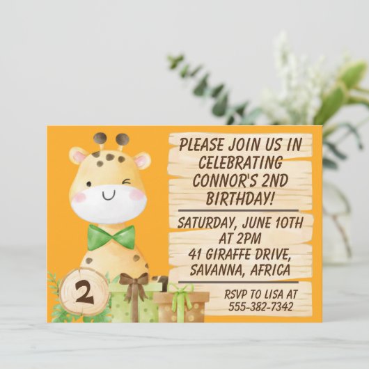 かわいいキリン幼児の誕生日 招待状 (スタンド正面)