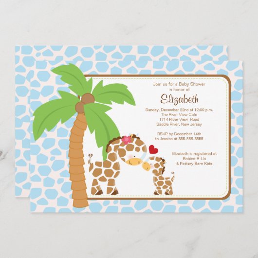 かわいいキリン母と男の赤ちゃん赤ちゃんシャワー 招待状 (正面/裏面)