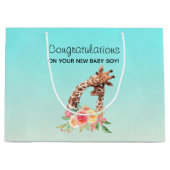 かわいいキリン水彩母さん&ベビーおめでとう ラージペーパーバッグ (正面)