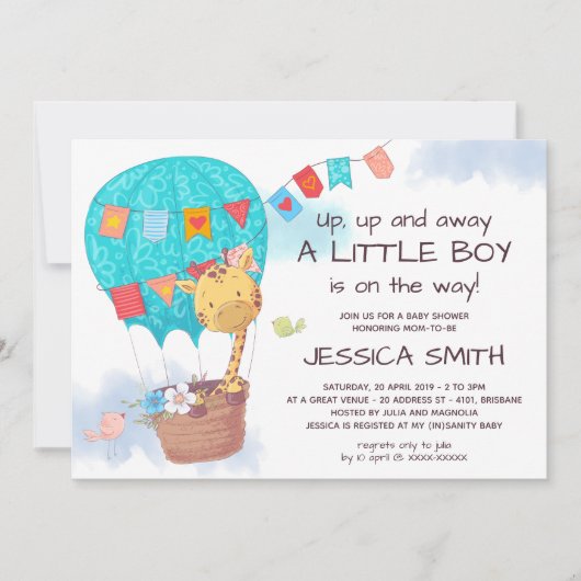 かわいいキリン熱い気球ベビーシャワー 招待状 (正面)