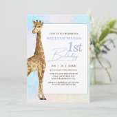 かわいいキリン男の子1歳の誕生日ブルー 招待状 (スタンド正面)