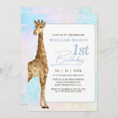 かわいいキリン男の子1歳誕生日 青 招待状 (正面/裏面)
