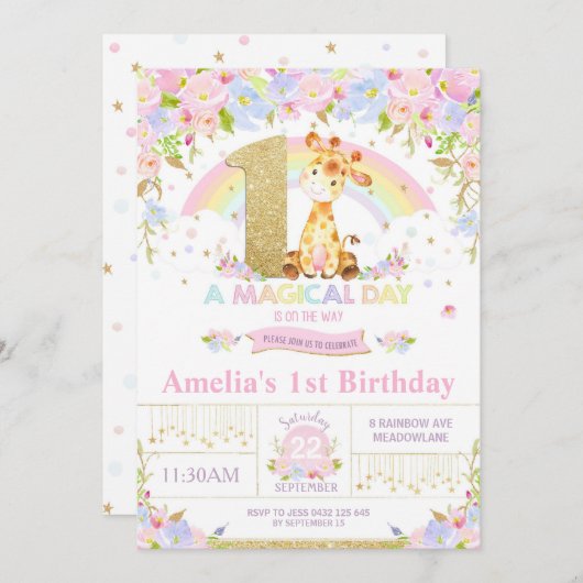 かわいいキリン第1誕生日パーティの招待状娘 招待状 (正面/裏面)