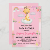 かわいいキリン花気球ベビーシャワーパーティー 招待状 (正面/裏面)