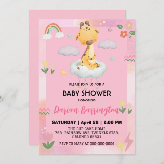 かわいいキリン花気球ベビーシャワーパーティー 招待状 (正面/裏面)