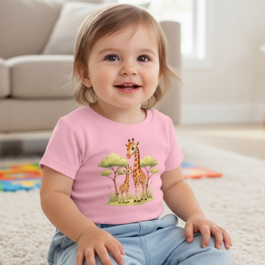 かわいいキリン親子サファリ子供服 ベビーTシャツ