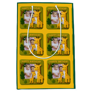 かわいいキリン誕生日写真カスタマイズ可能 ミディアムペーパーバッグ