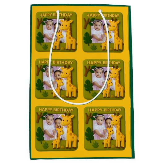 かわいいキリン誕生日写真カスタマイズ可能 ミディアムペーパーバッグ (正面)