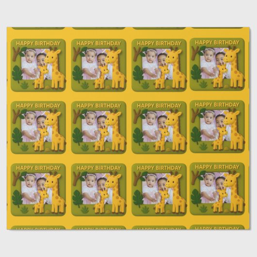 かわいいキリン誕生日写真カスタマイズ可能 ラッピングペーパー (フラット)