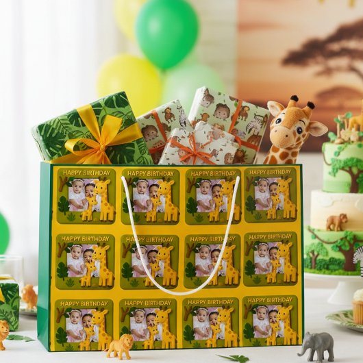 かわいいキリン誕生日写真カスタマイズ可能 ラージペーパーバッグ