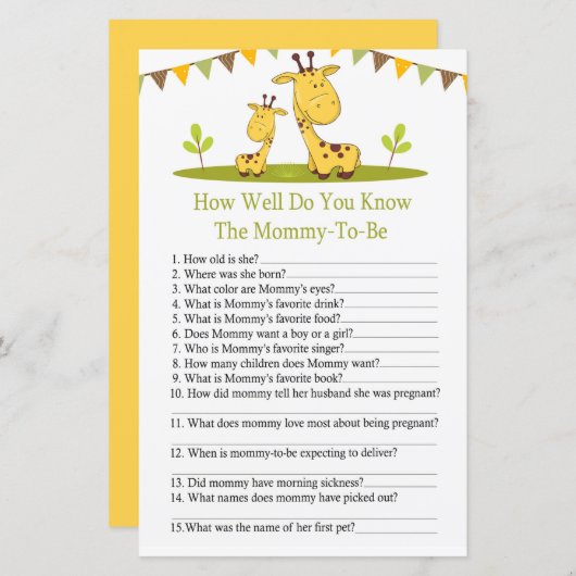 かわいいキリン赤ちゃんシャワーゲームをどれだけ知っているか (正面/裏面)