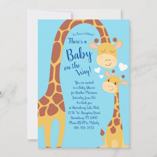 かわいいキリン赤ちゃんシャワーブルーボーイ 招待状 (正面)